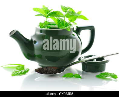 Teiera verde con impianto di menta e Tè sfuso Foto Stock