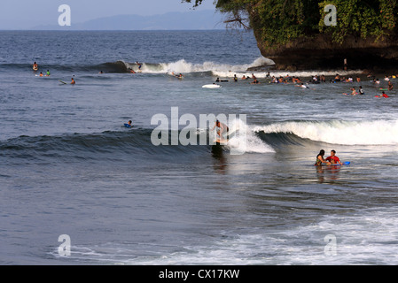 Navigare in piccole onde durante la stagione di vacanza all'affollata rottura del punto di Batu Karas nel West Java, Indonesia. Foto Stock