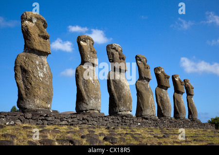 Vista di sette Ahu Akivi Moai, che sono gli unici Moai di faccia al mare, Rapa Nui, Isola di Pasqua, Cile. Foto Stock