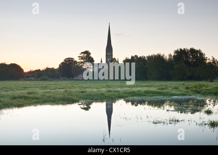 Guardando attraverso il west harnham prati di acqua verso la cattedrale di Salisbury all'alba. Foto Stock