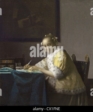 Johannes Vermeer (Olandese, 1632 - 1675 ), una signora Scrittura, c. 1665, olio su tela Foto Stock