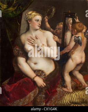 Tiziano (Italiano, c. 1490 - 1576 ), Venere con uno specchio, c. 1555, olio su tela Foto Stock