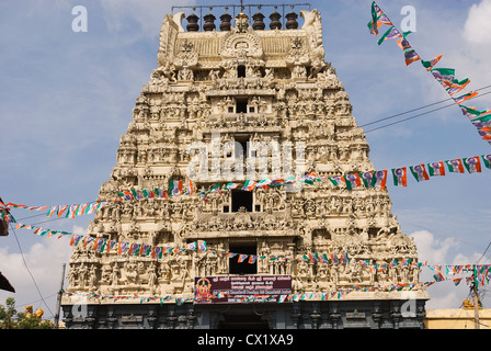 Elk201-4174 India, nello Stato del Tamil Nadu, Kanchipuram, Sri Kanobi Kamakodi tempio, tempio dorato gopuram Foto Stock