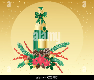 Una illustrazione di una decorazione di natale decorazione tavola con holly pigne foglie e bacche di fronte una bottiglia Foto Stock