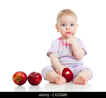 Baby boy mangiare cibo sano isolato Foto Stock