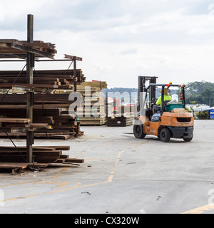 Il carrello elevatore a forche e legname impilati pronti per la vendita su Sunshine Coast, Queensland, Australia Foto Stock