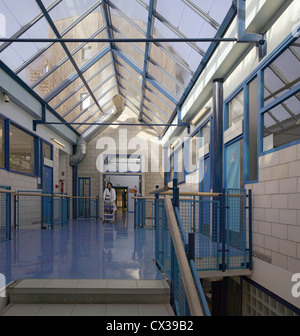 Lycee Joseph Marie Jacquard, Caudry, Francia. Architetto: Lucien Kroll, 2000. Vista del primo piano corridoio con lucernario apicale. Foto Stock