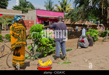 Il villaggio di zanzara Mto Wa Mbu Tanzania Africa village con frutta e banane per la vendita ai turisti con un sacco di colore Foto Stock