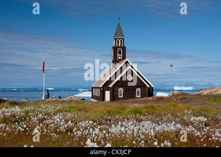 In legno di Sion chiesa a Ilulissat, Jakobshavn, Disko-Bay, West-Greenland, Groenlandia Foto Stock