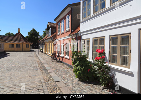 Scena di strada in Odense Danimarca vicino alla casa di Hans Christian Andersen Foto Stock