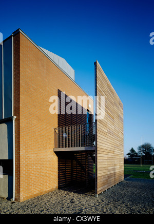 Sandford Park School, Ranelagh, Irlanda. Architetto: DTA Architects, 2007. Vista delle scale che mostra il legname e il rivestimento di mattoni. Foto Stock