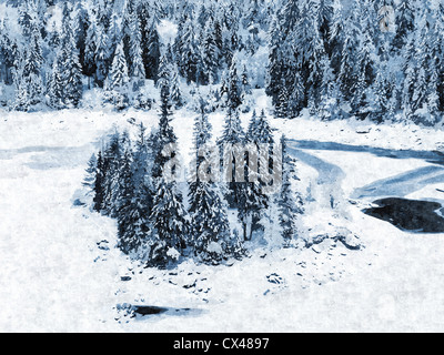 Caumasee (Lag la Cauma o Lai da Cauma), un lago vicino a Flims, nel Cantone dei Grigioni, Svizzera. Paesaggio invernale, effetto di pittura Foto Stock