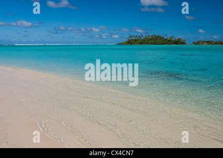 Il palm isola ricoperta o motu di Taakoka nelle acque turchesi della laguna di Muri. Rarotonga Isole Cook Foto Stock