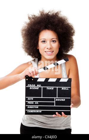 Bella americano africano donna tenendo un clapboard, isolato su bianco Foto Stock