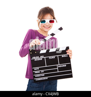 Bellissima bambina indossa occhiali 3d e tenendo un clapboard, isolato su uno sfondo bianco Foto Stock