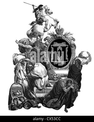 Lussuoso iniziali vittoriano lettera H, dopo una incisione da Gustav Dore, "Gesù, bandire i mercanti dal tempio". Foto Stock