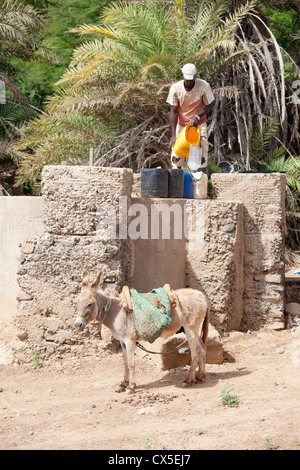 Uomo che preleva acqua dal pozzo Foto Stock