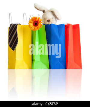 Borse per lo shopping con gli acquisti per famiglia su sfondo bianco con la riflessione Foto Stock