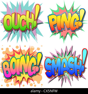 Una selezione di fumetto esclamazioni e azione parole, Ouch, Ping, Boing, Smash Foto Stock