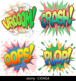 Una selezione di fumetto esclamazioni e azione parole, Vroom, crash, Oops, Plop. Foto Stock