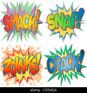 Una selezione di fumetto esclamazioni e azione parole, Smack, Snap, Zoinks, Crack. Foto Stock