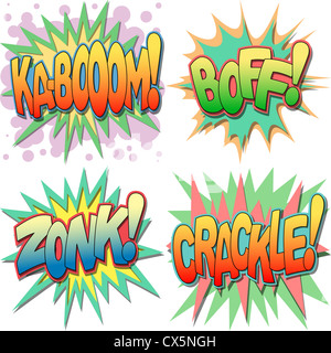 Una selezione di fumetto esclamazioni e azione parole, Kaboom, Boff, Zonk, gracchiano. Foto Stock