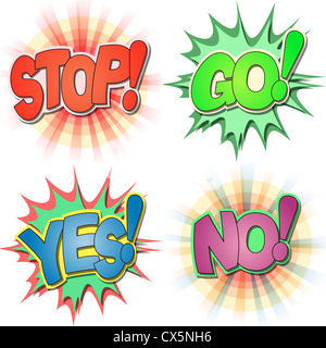 Una selezione di fumetto esclamazioni e azione parole, Stop, Go, sì, n. Foto Stock