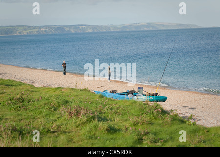 La linea di pesca, Beesands Beach, avviare Bay, South Devon, Regno Unito. Settembre Foto Stock