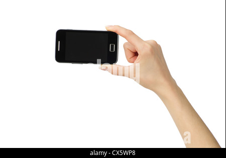 Mano azienda mobile smart phone con schermo vuoto Foto Stock