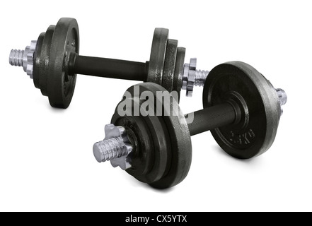 Coppia di manubri nero isolato su bianco Foto Stock