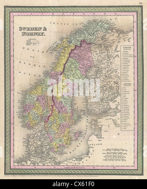 1850 Mitchell Mappa della Scandinavia, Norvegia, Svezia, Danimarca, Finlandia Foto Stock