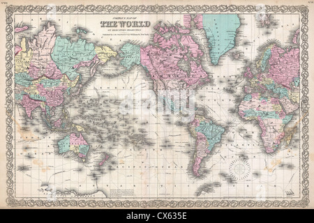 1855 Colton mappa del mondo sulla proiezione di Mercatore Foto Stock