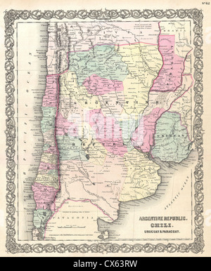 Questa mappa di Colton del 1855 raffigura i paesi dell'Argentina, del Cile, del Paraguay e dell'Uruguay in Sud America, evidenziando i confini geografici e politici della metà del XIX secolo. Foto Stock
