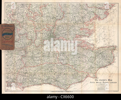 1895 Barthholomew ciclista la mappa di 50 miglia intorno a Londra, Inghilterra Foto Stock