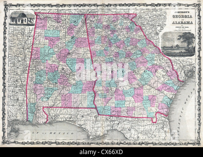 La Johnson Map del 1862 della Georgia e dell'Alabama offre uno sguardo dettagliato sui due stati del sud durante la guerra civile. Questa antica mappa evidenzia i confini politici, le città chiave e le caratteristiche geografiche dell'epoca, fornendo una prospettiva storica sul paesaggio e l'importanza militare della regione. Foto Stock