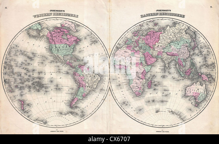 1862 Johnson mappa del mondo sulla proiezione emisfero - Foto Stock