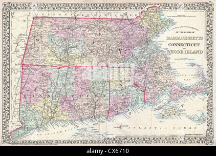 1873 Mitchell Mappa del Massachusetts, Connecticut e Rhode Island Foto Stock