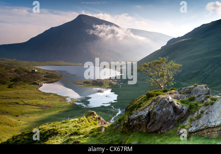 Cwm Idwal in estate con Llyn (lago) Idwal e penna yr Ole Wen in distanza, Snowdonia National Park, North Wales, Regno Unito Foto Stock