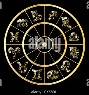 Golden Circle con segni zodiacali su sfondo nero Foto Stock