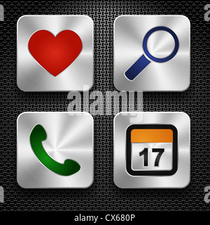 Set di social media icone. Pulsanti in acciaio su texture metallica sullo sfondo Foto Stock