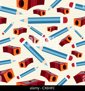 Si torna a scuola a matita e sharpener seamless pattern sul notebook rivestito lo sfondo della carta. Illustrazione Vettoriale stratificata per una facile manipolazione. Foto Stock