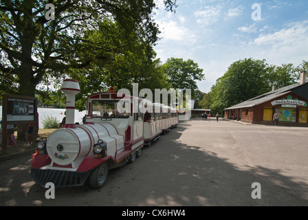 Treno turistico presso la foresta e il lago di zona per il tempo libero di Sillé-le-Guillaume, Sarthe, Pays de la Loire, Francia. Foto Stock