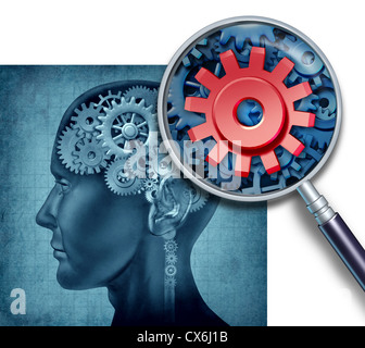 Cervello umano concetto medico con ingranaggi e ruote dentate rappresentato da reasearch di neuroni simboli e una chiusura con un ingrandimento di GLA Foto Stock