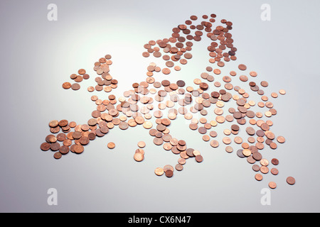 Unione Europea monete disposte in forma di Europa Foto Stock