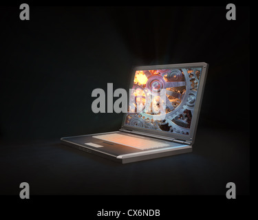 Aprire il portatile con un ingranaggio e ruota dentata schermo - hardware per computer illustrazione Foto Stock