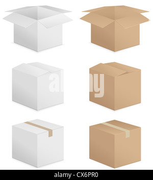 Scatola di cartone impostato su sfondo bianco. Foto Stock