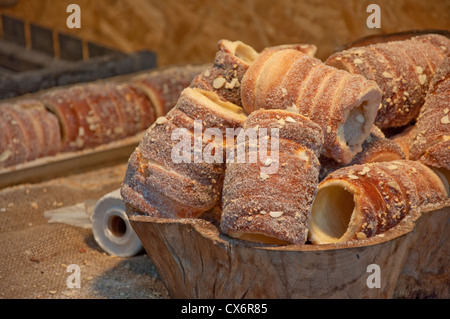 Trdlo o trdelnik - tradizionale nazionale ceca pasta dolce pasta cotta su un fuoco aperto. Foto Stock