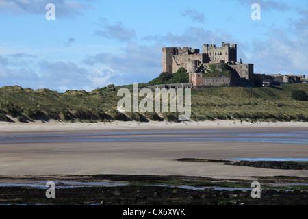 Il castello di Bamburgh e spiaggia di sabbia dal nord, nord-est dell' Inghilterra REGNO UNITO Foto Stock