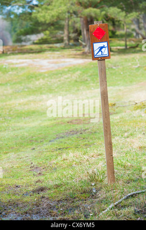 Segno con sciatore segnando una pista di sci in una area di sport invernali durante il periodo estivo Foto Stock