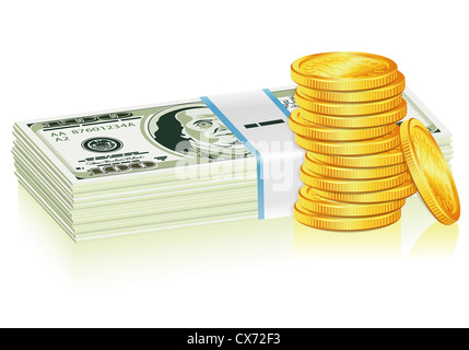 Concetto il successo nel business con la pila di dollaro e monete d'oro, isolato su sfondo bianco, illustrazione vettoriale Foto Stock